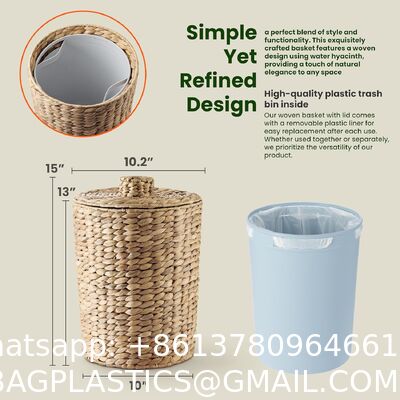 Wicker Waste Basket - Water Hyacinth Bathroom Garbage Can With A Lid - Bathroom Trash Can Boho Style - Wicker Trash Can With Lid For Household, Kitchen - Removable Liner, Iron Frame