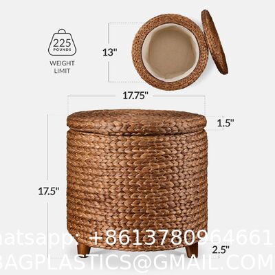 Tall Water Hyacinth Wicker Basket with Handles | Natural, Brown, Natural Bathroom Trash Can Boho Style - Wicker Trash Can With Lid For Household, Kitchen - Removable Liner, Iron Frame