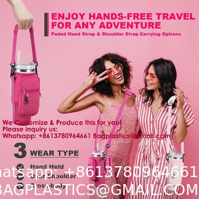 Water Bottle Carrier Bag With Phone Pocket For Stanley 40 & 30 Oz Tumbler With Handle,Pink Insulated Neoprene Cup