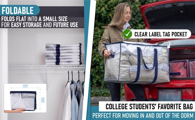 Folded clear storage bag on top shelf in closet. Young woman putting clear storage bag in car trunk.