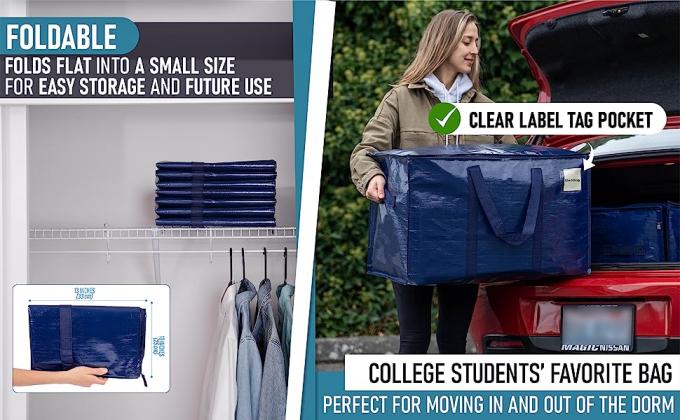 Folded blue storage bags on top shelf in closet. Young woman putting blue storage bag in car trunk.