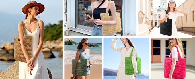 라피아 크로셰 토트 쇼핑백 핸드메이드 스트로 백 숄더 비치 우븐 핸드백 여름 패션 여성 캐주얼 핸드백 여성 스트로 숄더 백 라탄 우븐 탑 핸들 라피아 크로셰 비치 1