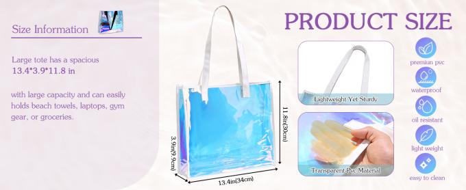 가죽 손잡이가 있는 홀로그램 맑은 토트 가방 비스듬한 해변 토트 어깨 핸드백 여자 여름 수영장 파티 0