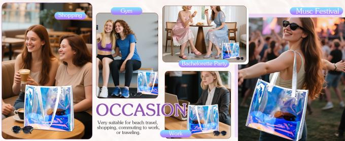 가죽 손잡이가 있는 홀로그램 맑은 토트 가방 비스듬한 해변 토트 어깨 핸드백 여자 여름 수영장 파티 1