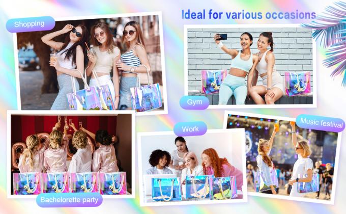 Custom Logo Eco-Friendly Recycle Iridescent Hologram Colorful Pvc Plastic Beach Bag TPU Handle Holographic Tote Shopping Bag 0