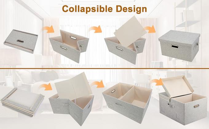 Linen Fabric, Metal Handles Collapsible Stackable Storage Bins With Lids, Packs White Linen Fabric Closet Boxes With Lids, Storage Cube Baskets Container Organizers For Bedroom Office 0