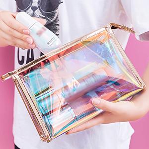 Holographic Makeup Bags Set, Clear Iridescent Cosmetic Bags, Portable Waterproof Toiletry Bag, Travel Zippered Makeup Organizer Cosmetic Pouch for Women, Mothers Day Gifts 5