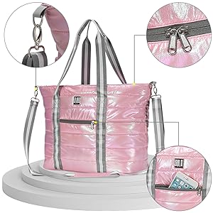 handle bag, handy bag, travel bag, Women Tote Bag, Quilted Puffer Work Shoulder Bag With Laptop Compartment Trolley Sleeve, Large Puffy Travel Handbag 0