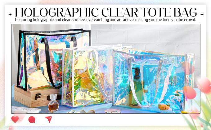 Holographic Clear Tote Bag With Leather Handle Iridescent Bachelorette Beach Bag For Work Stadium Travel, Fashion Bag, Tote Bag, Handle Bag, Handy Bag 0