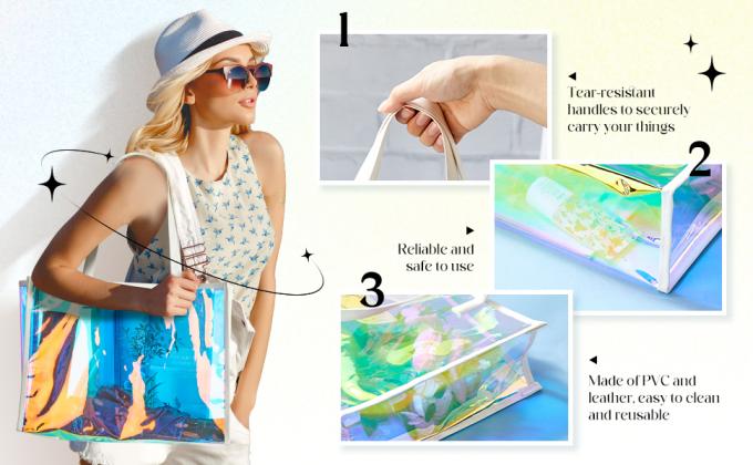 Holographic Clear Tote Bag With Leather Handle Iridescent Bachelorette Beach Bag For Work Stadium Travel, Fashion Bag, Tote Bag, Handle Bag, Handy Bag 1