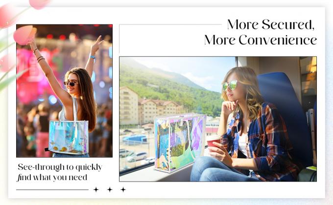 Holographic Clear Tote Bag With Leather Handle Iridescent Bachelorette Beach Bag For Work Stadium Travel, Fashion Bag, Tote Bag, Handle Bag, Handy Bag 4