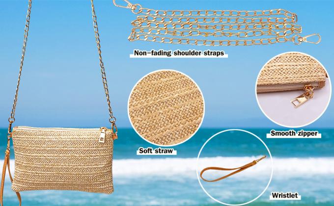 Womens Straw Clutch Bag Bohemian Summer Beach Straw Purse Zipper Wristlet Wallets For Women Clutch Makeup Bag with Zipper Durable Logo Pattern Flat Bag for Outdoor Activities 2
