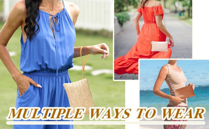 Womens Straw Clutch Bag Bohemian Summer Beach Straw Purse Zipper Wristlet Wallets For Women Clutch Makeup Bag with Zipper Durable Logo Pattern Flat Bag for Outdoor Activities 3