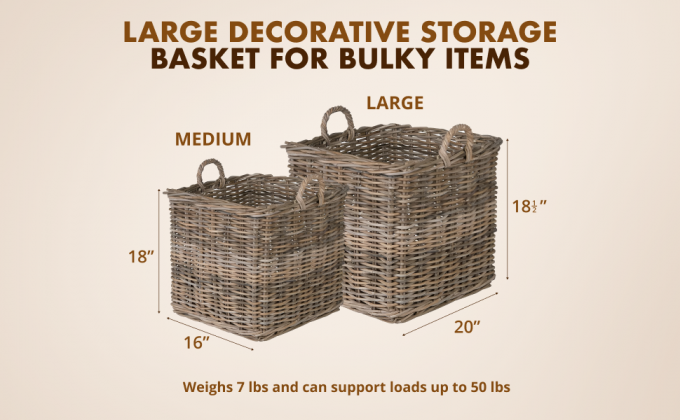 Large Square Rattan Basket, Handmade, Living Room, Blankets, Toy Bin, Extra Storage, Decorative Storage, Laundry Basket, Linens, Gray & Brown, Large 1