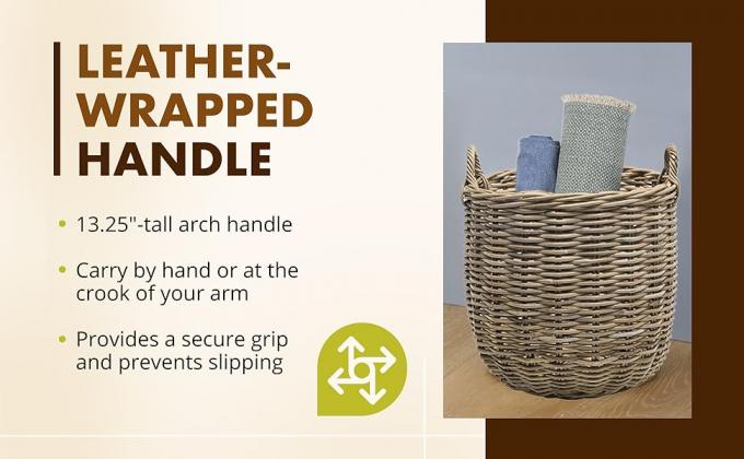 Rattan Kobo Round Storage Basket, Handwoven Rattan Basket With Handles, Organization & Home Decor For Storage, Gray-Brown 2