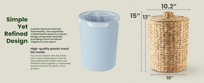 Wicker Waste Basket - Water Hyacinth Bathroom Garbage Can With A Lid - Bathroom Trash Can Boho Style - Wicker Trash Can With Lid For Household, Kitchen - Removable Liner, Iron Frame 1