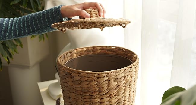 Wicker Waste Basket - Water Hyacinth Bathroom Garbage Can With A Lid - Bathroom Trash Can Boho Style - Wicker Trash Can With Lid For Household, Kitchen - Removable Liner, Iron Frame 6