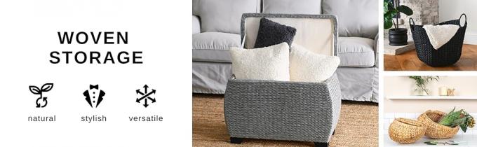 Tall Water Hyacinth Wicker Basket with Handles | Natural, Brown, Natural Bathroom Trash Can Boho Style - Wicker Trash Can With Lid For Household, Kitchen - Removable Liner, Iron Frame 0