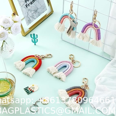 Rainbow Keychain Macrame Weaving Rainbow Tassel Keychains Car Keyring Holder Jewelry for Bag Wallet Purse Women