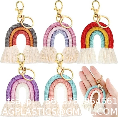 Rainbow Keychain Macrame Weaving Rainbow Tassel Keychains Car Keyring Holder Jewelry for Bag Wallet Purse Women
