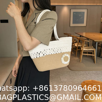 Custom Fashion Ladies Crochet Beach Bag Woman Summer Beach Tote Raffia Straw Bag Handmade Crocheted Rough Raffia Braid Round Straw Raffia Tote Bag With Raffia Straps With Coton Lining Straw Bag