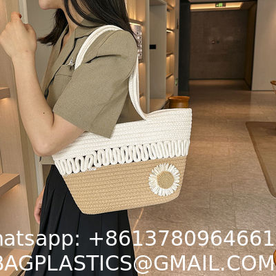 Custom Fashion Ladies Crochet Beach Bag Woman Summer Beach Tote Raffia Straw Bag Handmade Crocheted Rough Raffia Braid Round Straw Raffia Tote Bag With Raffia Straps With Coton Lining Straw Bag