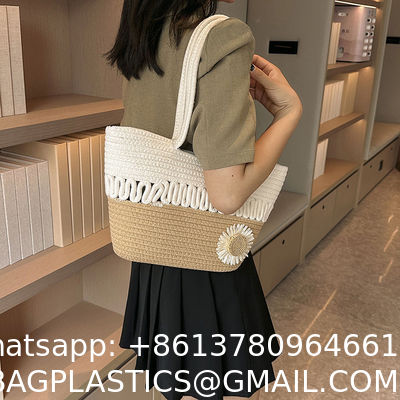 Custom Fashion Ladies Crochet Beach Bag Woman Summer Beach Tote Raffia Straw Bag Handmade Crocheted Rough Raffia Braid Round Straw Raffia Tote Bag With Raffia Straps With Coton Lining Straw Bag
