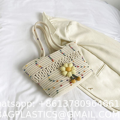 Custom Fashion Ladies Crochet Beach Bag Woman Summer Beach Tote Raffia Straw Bag Handmade Crocheted Rough Raffia Braid Round Straw Raffia Tote Bag With Raffia Straps With Coton Lining Straw Bag