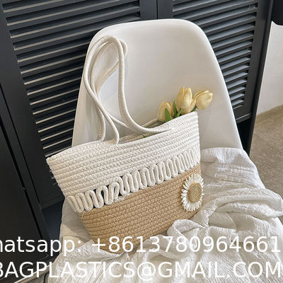Custom Fashion Ladies Crochet Beach Bag Woman Summer Beach Tote Raffia Straw Bag Handmade Crocheted Rough Raffia Braid Round Straw Raffia Tote Bag With Raffia Straps With Coton Lining Straw Bag