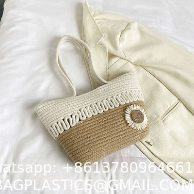 Custom Fashion Ladies Crochet Beach Bag Woman Summer Beach Tote Raffia Straw Bag Handmade Crocheted Rough Raffia Braid Round Straw Raffia Tote Bag With Raffia Straps With Coton Lining Straw Bag
