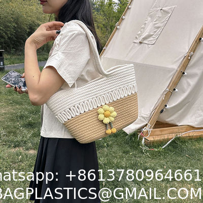 Custom Fashion Ladies Crochet Beach Bag Woman Summer Beach Tote Raffia Straw Bag Handmade Crocheted Rough Raffia Braid Round Straw Raffia Tote Bag With Raffia Straps With Coton Lining Straw Bag