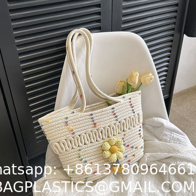 Custom Fashion Ladies Crochet Beach Bag Woman Summer Beach Tote Raffia Straw Bag Handmade Crocheted Rough Raffia Braid Round Straw Raffia Tote Bag With Raffia Straps With Coton Lining Straw Bag