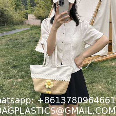 Custom Fashion Ladies Crochet Beach Bag Woman Summer Beach Tote Raffia Straw Bag Handmade Crocheted Rough Raffia Braid Round Straw Raffia Tote Bag With Raffia Straps With Coton Lining Straw Bag