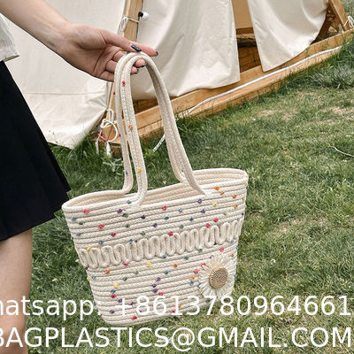 Custom Fashion Ladies Crochet Beach Bag Woman Summer Beach Tote Raffia Straw Bag Handmade Crocheted Rough Raffia Braid Round Straw Raffia Tote Bag With Raffia Straps With Coton Lining Straw Bag