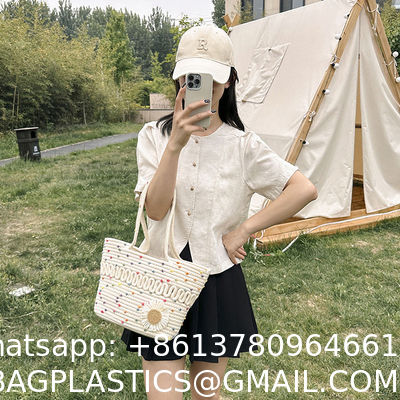 Custom Fashion Ladies Crochet Beach Bag Woman Summer Beach Tote Raffia Straw Bag Handmade Crocheted Rough Raffia Braid Round Straw Raffia Tote Bag With Raffia Straps With Coton Lining Straw Bag