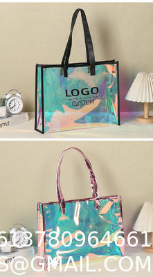 Custom Logo Eco-Friendly Recycle Iridescent Hologram Colorful Pvc Plastic Beach Bag TPU Handle Holographic Tote Shopping Bag