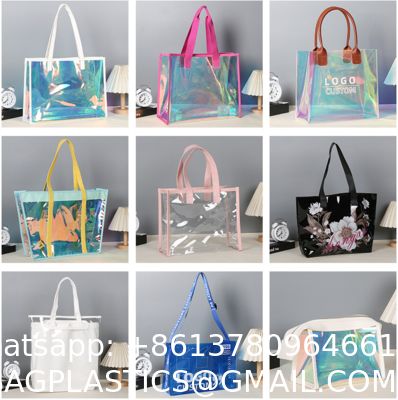 Custom Logo Eco-Friendly Recycle Iridescent Hologram Colorful Pvc Plastic Beach Bag TPU Handle Holographic Tote Shopping Bag