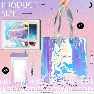 Beach Totes Bags For Women Waterproof Iridescent Shoulder Handbags With Phone Pouch Clear Beach Bag, Foldable & Washable Tote Bag For Work Gym Pool, Travel Wedding, Compatible