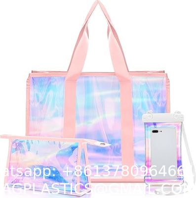 Recycled Recyclable Hot Sale Customized Logo and Size Clear Transparent Holographic PVC Gift Iridescent Tote Bag Hologram TPU Laser Shopping Handle Bag
