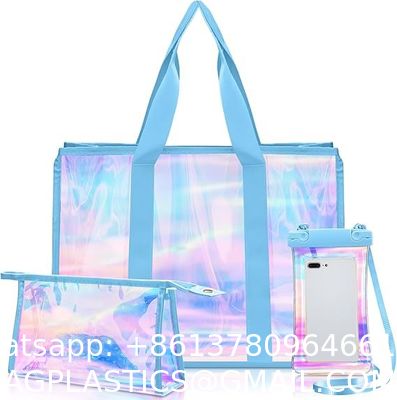 Recycled Recyclable Hot Sale Customized Logo and Size Clear Transparent Holographic PVC Gift Iridescent Tote Bag Hologram TPU Laser Shopping Handle Bag