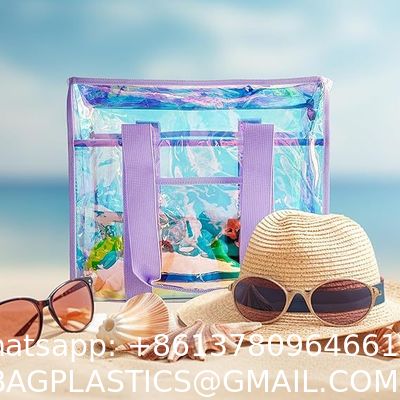 Holographic Iridescent Tote Bag Clear Travel Beach Bag Iridescent Shoulder Bag with Phone Pouch Waterproof Travel Tote for Women Work, Travel, Gym, Beach and Pool