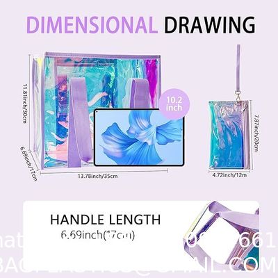 Holographic Iridescent Tote Bag Clear Travel Beach Bag Iridescent Shoulder Bag with Phone Pouch Waterproof Travel Tote for Women Work, Travel, Gym, Beach and Pool