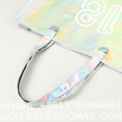 Custom Plastic Tote Bag With Handles Clear Beach Bags Transparent Stadium Bag Holographic Waterproof Versatile Beach Clear Printed Word Tote Bag Work Handbag Shoulder PVC Tote Shopping Bag