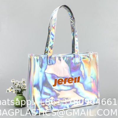 Custom Plastic Tote Bag With Handles Clear Beach Bags Transparent Stadium Bag Holographic Waterproof Versatile Beach Clear Printed Word Tote Bag Work Handbag Shoulder PVC Tote Shopping Bag