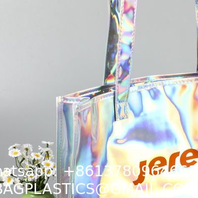 Custom Plastic Tote Bag With Handles Clear Beach Bags Transparent Stadium Bag Holographic Waterproof Versatile Beach Clear Printed Word Tote Bag Work Handbag Shoulder PVC Tote Shopping Bag