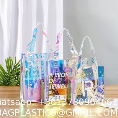 Custom Plastic Tote Bag With Handles Clear Beach Bags Transparent Stadium Bag Holographic Waterproof Versatile Beach Clear Printed Word Tote Bag Work Handbag Shoulder PVC Tote Shopping Bag