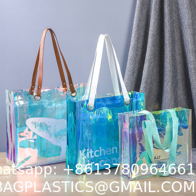 Custom Plastic Tote Bag With Handles Clear Beach Bags Transparent Stadium Bag Holographic Waterproof Versatile Beach Clear Printed Word Tote Bag Work Handbag Shoulder PVC Tote Shopping Bag