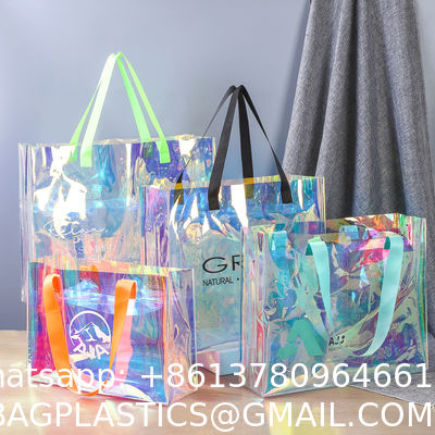 Custom Plastic Tote Bag With Handles Clear Beach Bags Transparent Stadium Bag Holographic Waterproof Versatile Beach Clear Printed Word Tote Bag Work Handbag Shoulder PVC Tote Shopping Bag