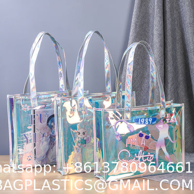 Custom Plastic Tote Bag With Handles Clear Beach Bags Transparent Stadium Bag Holographic Waterproof Versatile Beach Clear Printed Word Tote Bag Work Handbag Shoulder PVC Tote Shopping Bag