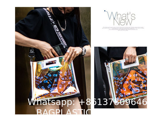 Custom Digital Printing Trendy Transparent PVC Shoulder Handbag Durable Washable Holographic Women'S Tote Shopping Bag